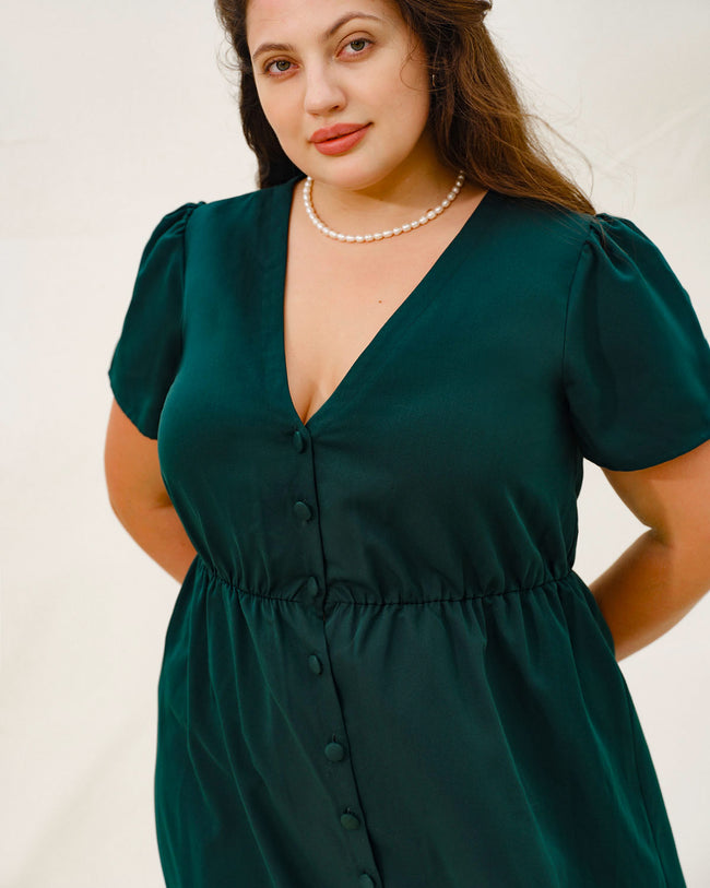 Green Puffed Sleeve Plus Size Mini Dress