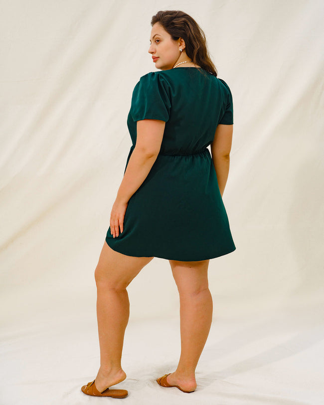 Green Puffed Sleeve Plus Size Mini Dress