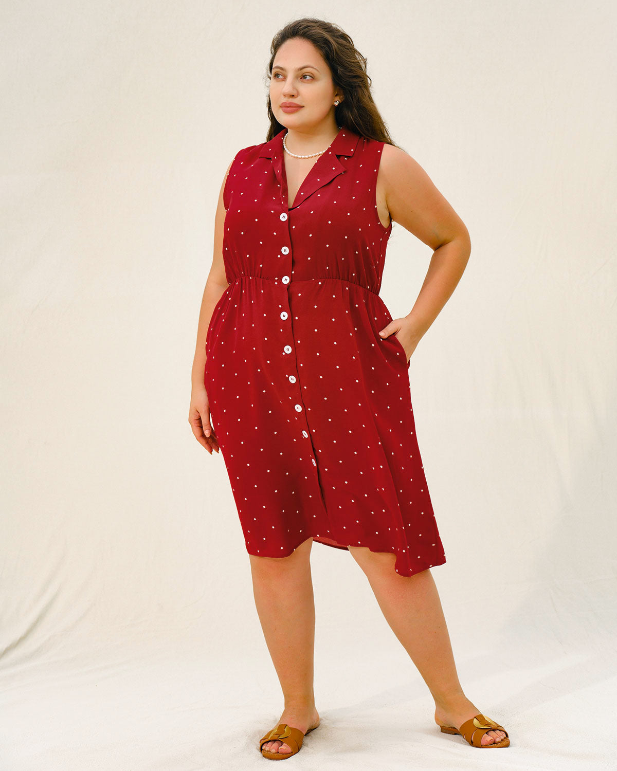 Red Polka Dot Plus Size Button Midi Dress