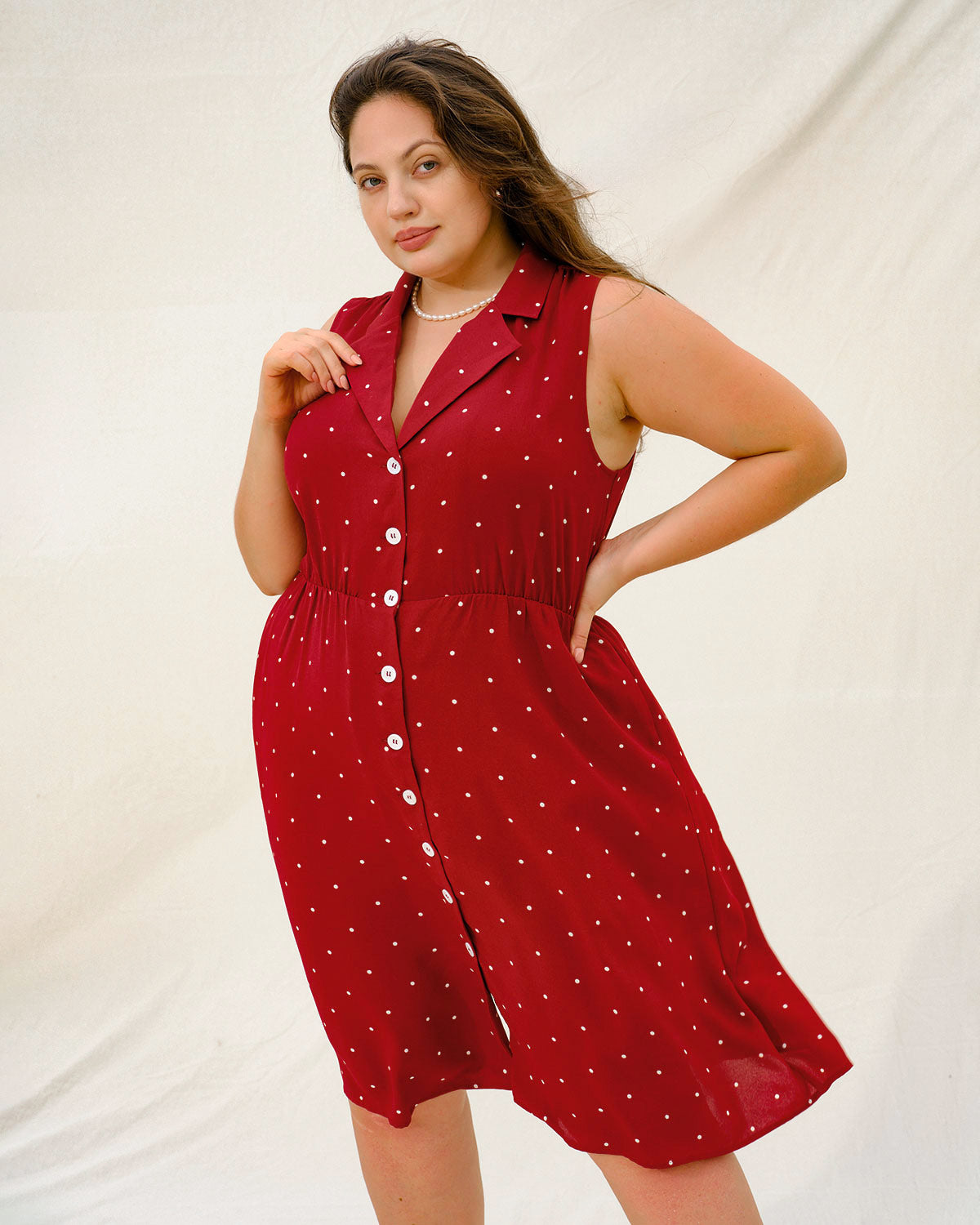 Red Polka Dot Plus Size Button Midi Dress