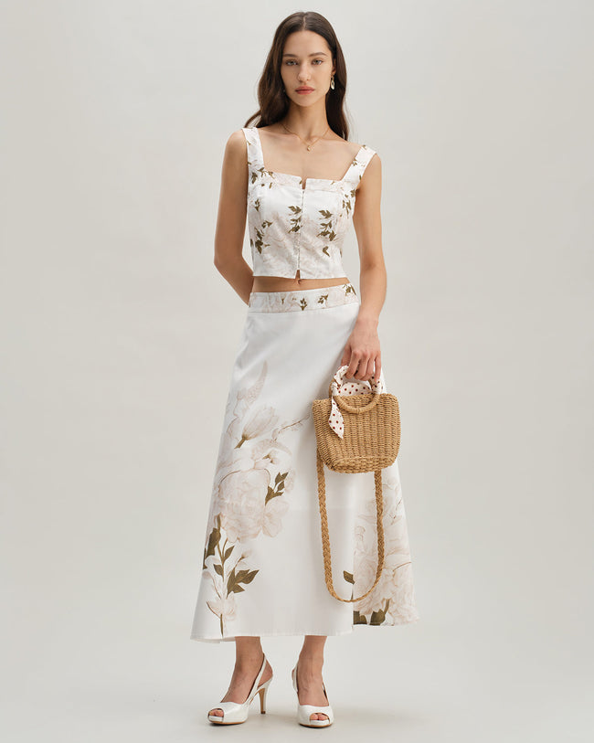 White Floral Shirred Square Neck Cami Top