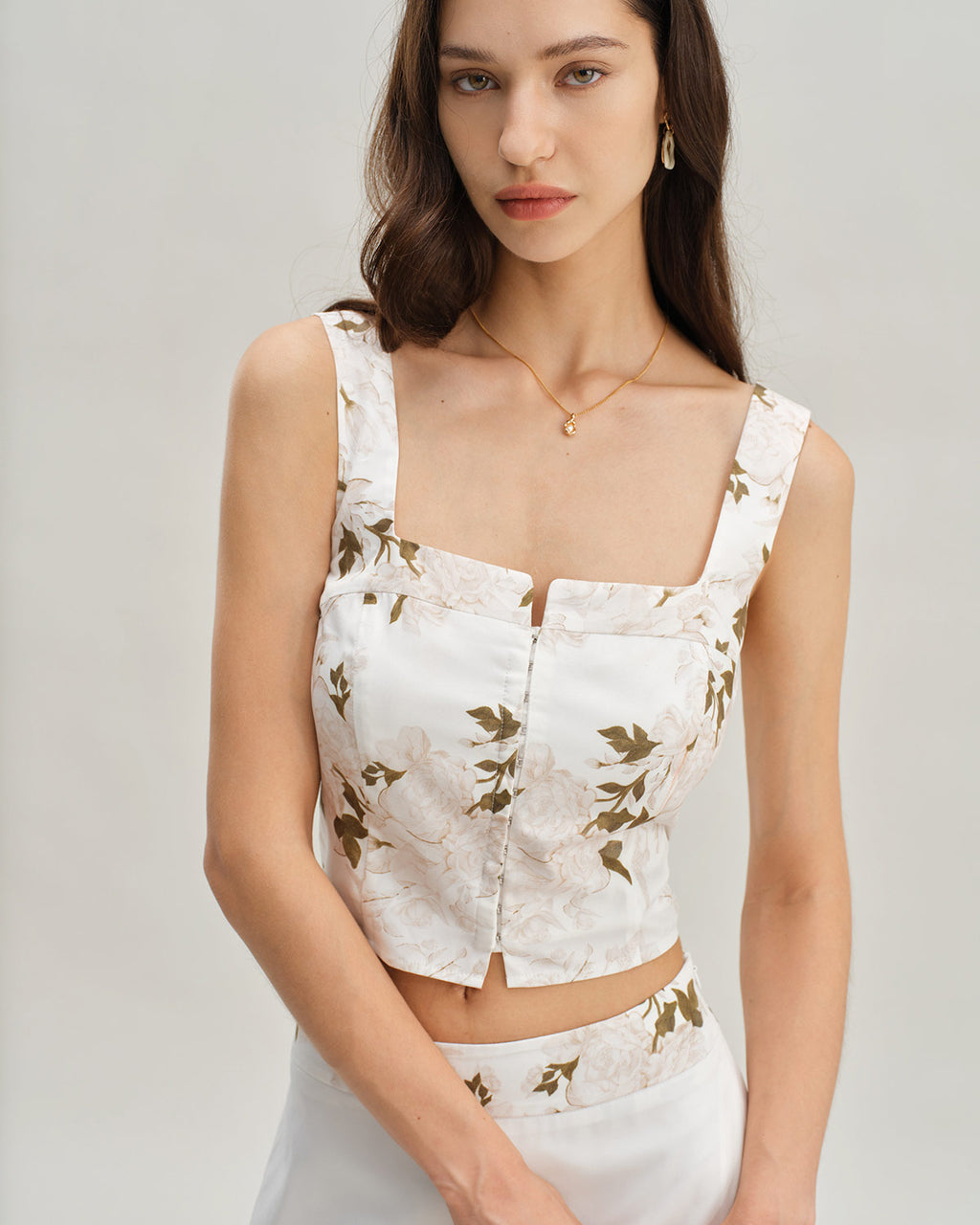 White Floral Shirred Square Neck Cami Top