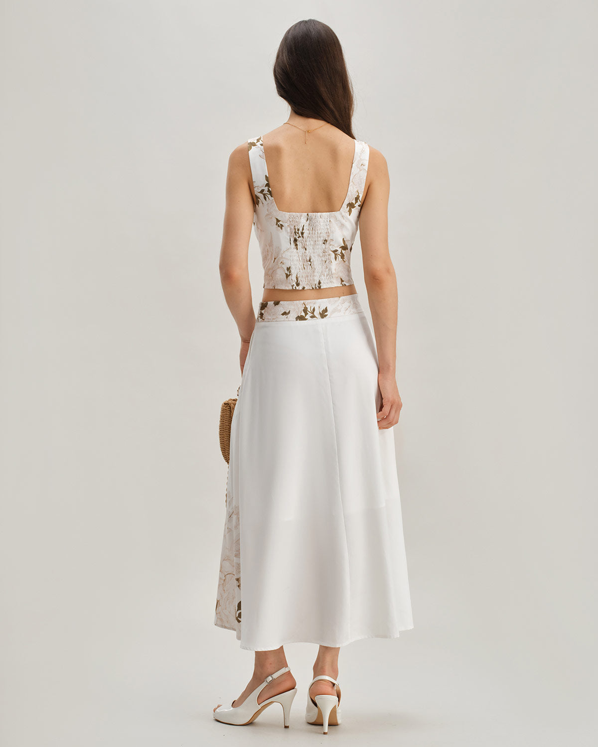 White Floral Shirred Square Neck Cami Top