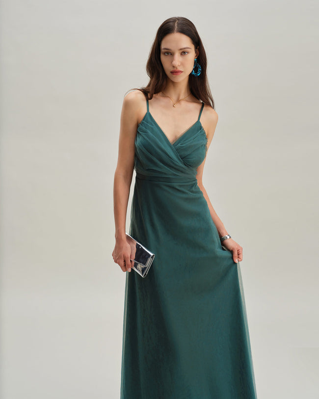 Green Mesh Wrap Slip Maxi Dress