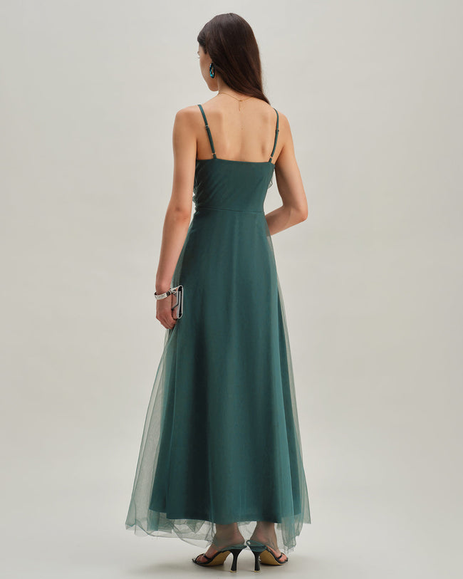 Green Mesh Wrap Slip Maxi Dress