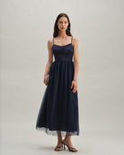 Blue Shirred Flowy Slip Maxi Dress