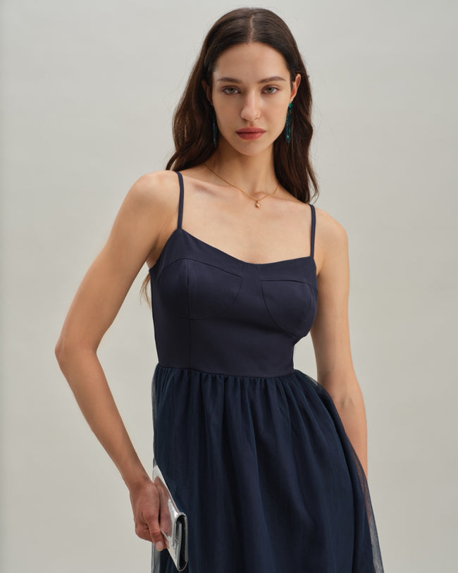 Blue Shirred Flowy Slip Maxi Dress