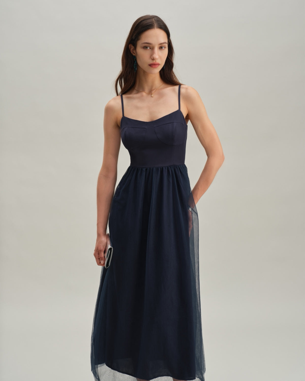 Blue Shirred Flowy Slip Maxi Dress