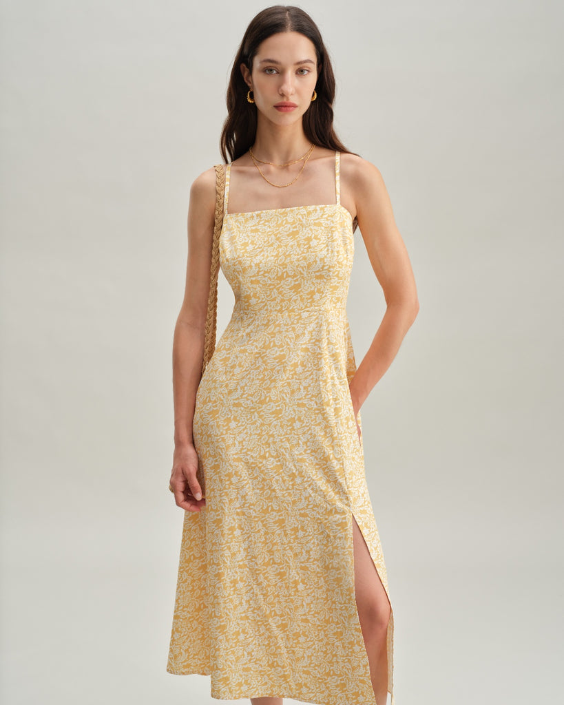 Yellow Floral Backless Slip Midi Dress