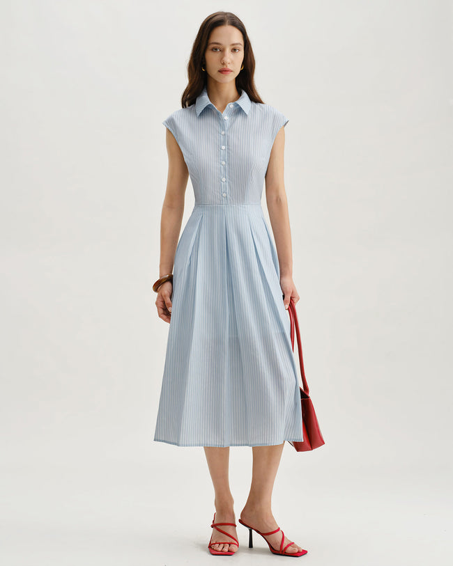 Blue Striped Cap Sleeve Midi Dress