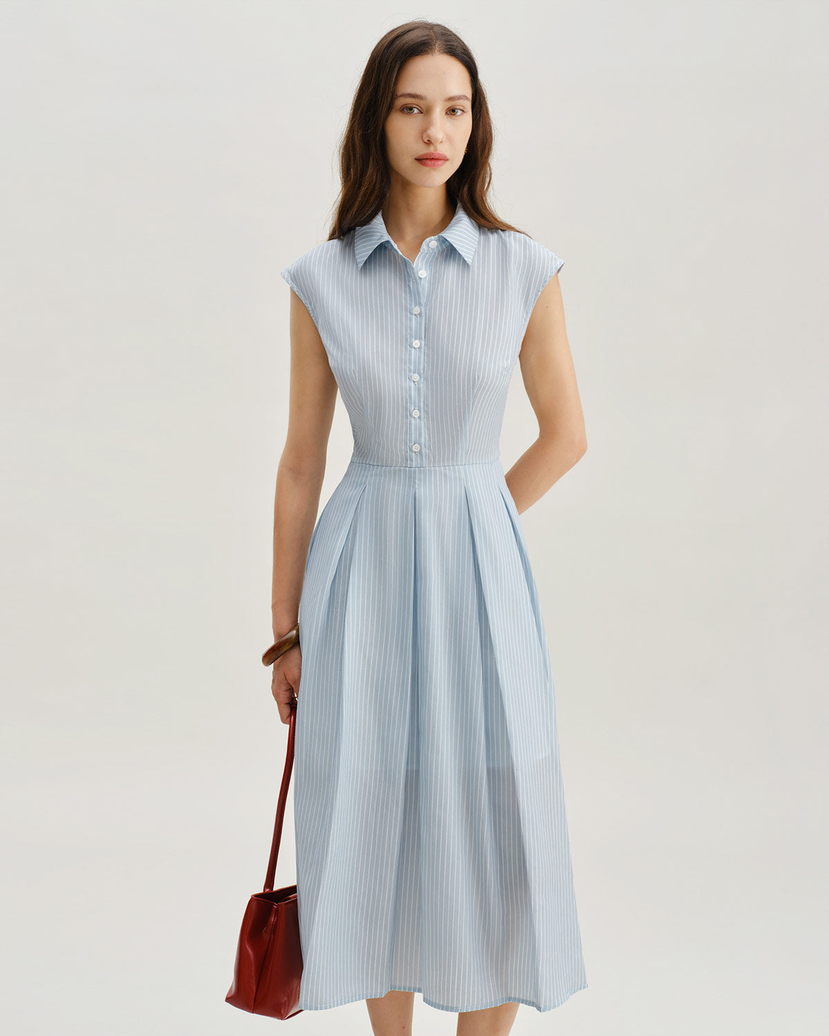 Blue Striped Cap Sleeve Midi Dress