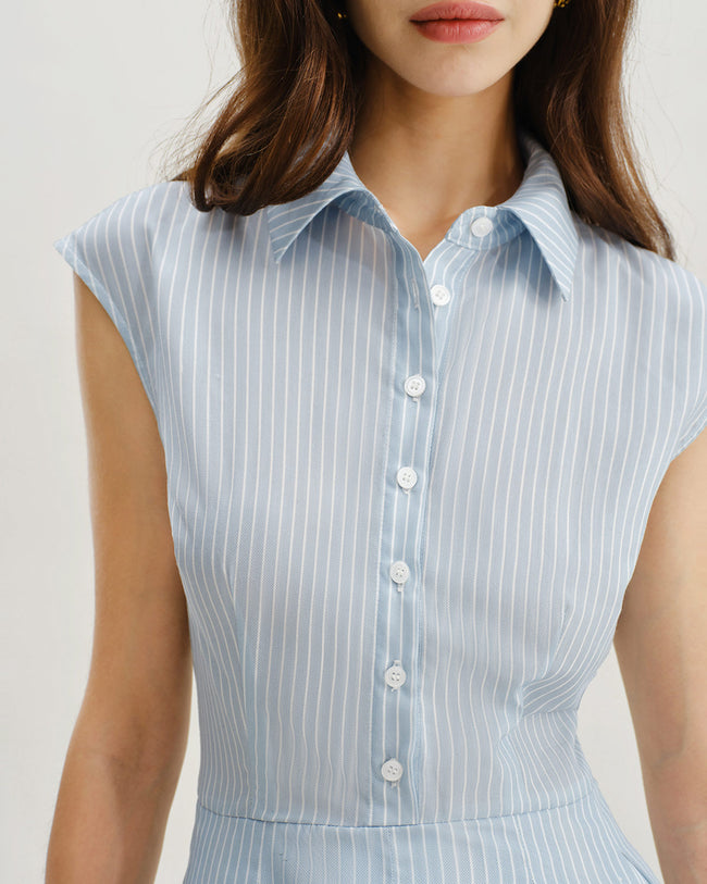 Blue Striped Cap Sleeve Midi Dress