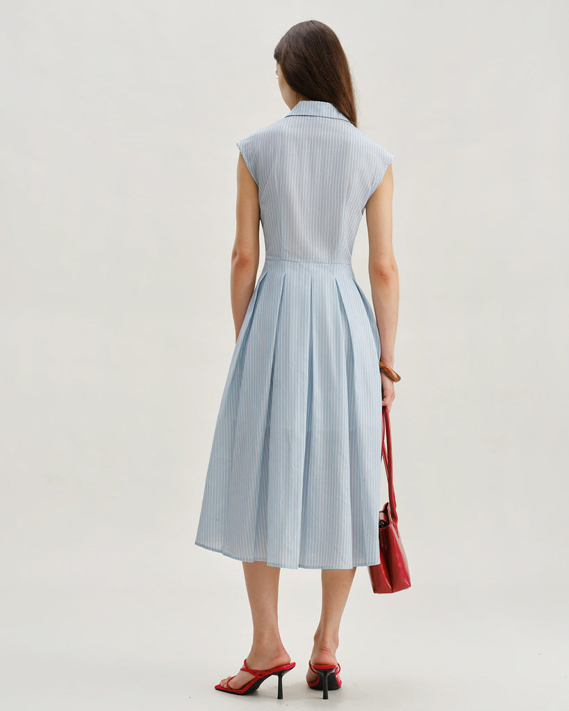 Blue Striped Cap Sleeve Midi Dress