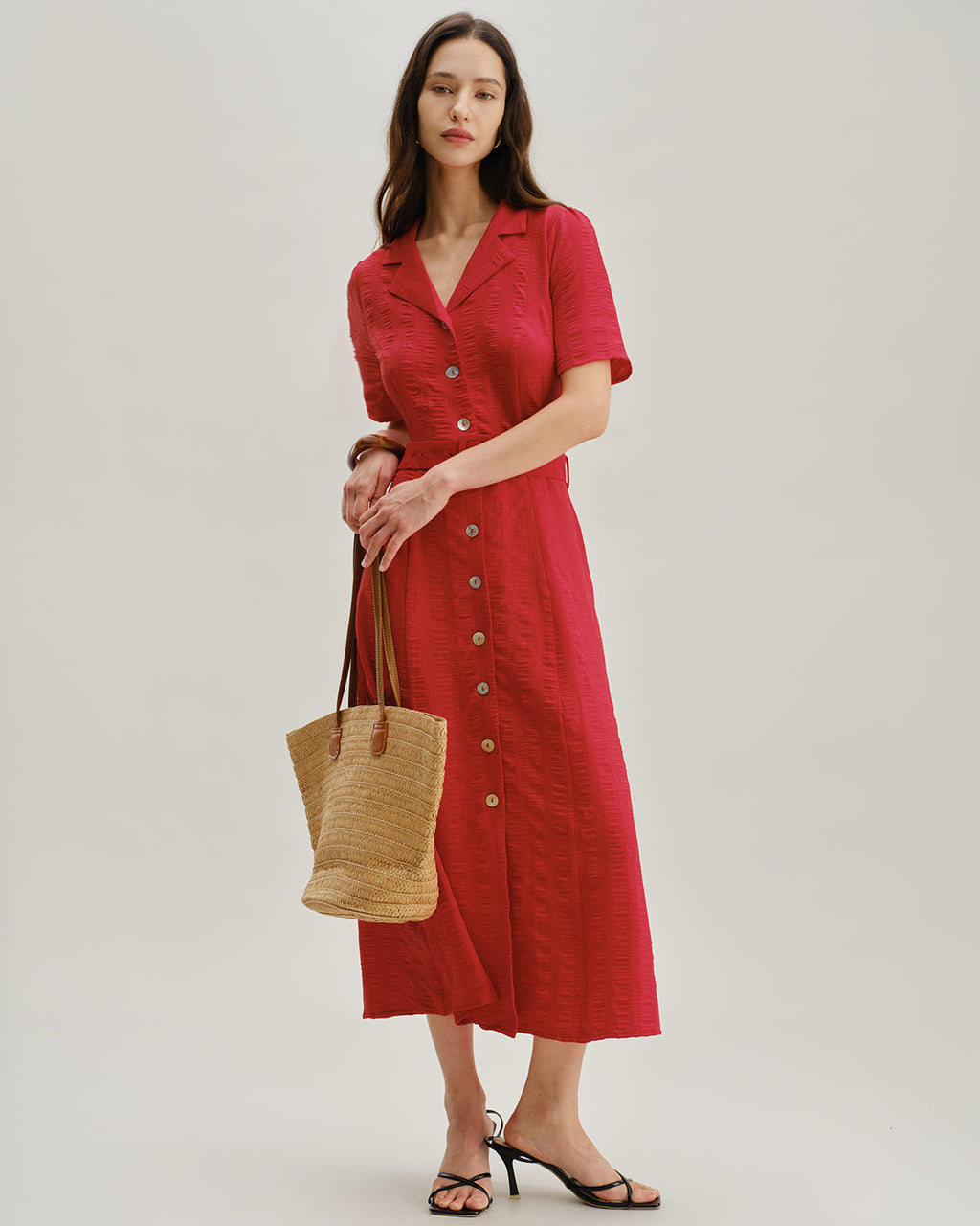 Red Belted A-Line Midi Dress