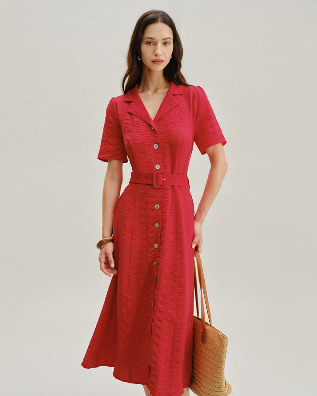 Red Belted A-Line Midi Dress