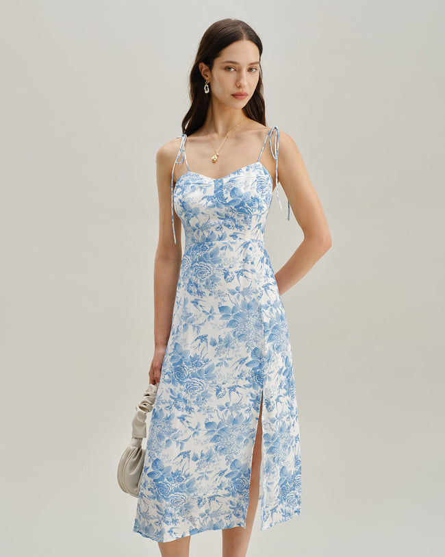 The Blue Sweetheart Neck Shirred Midi Dress