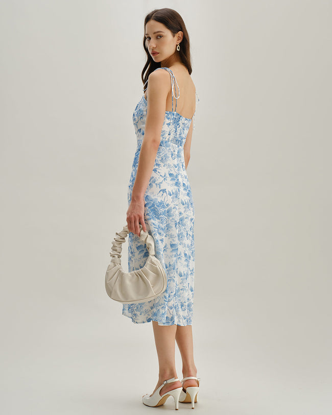 The Blue Sweetheart Neck Shirred Midi Dress