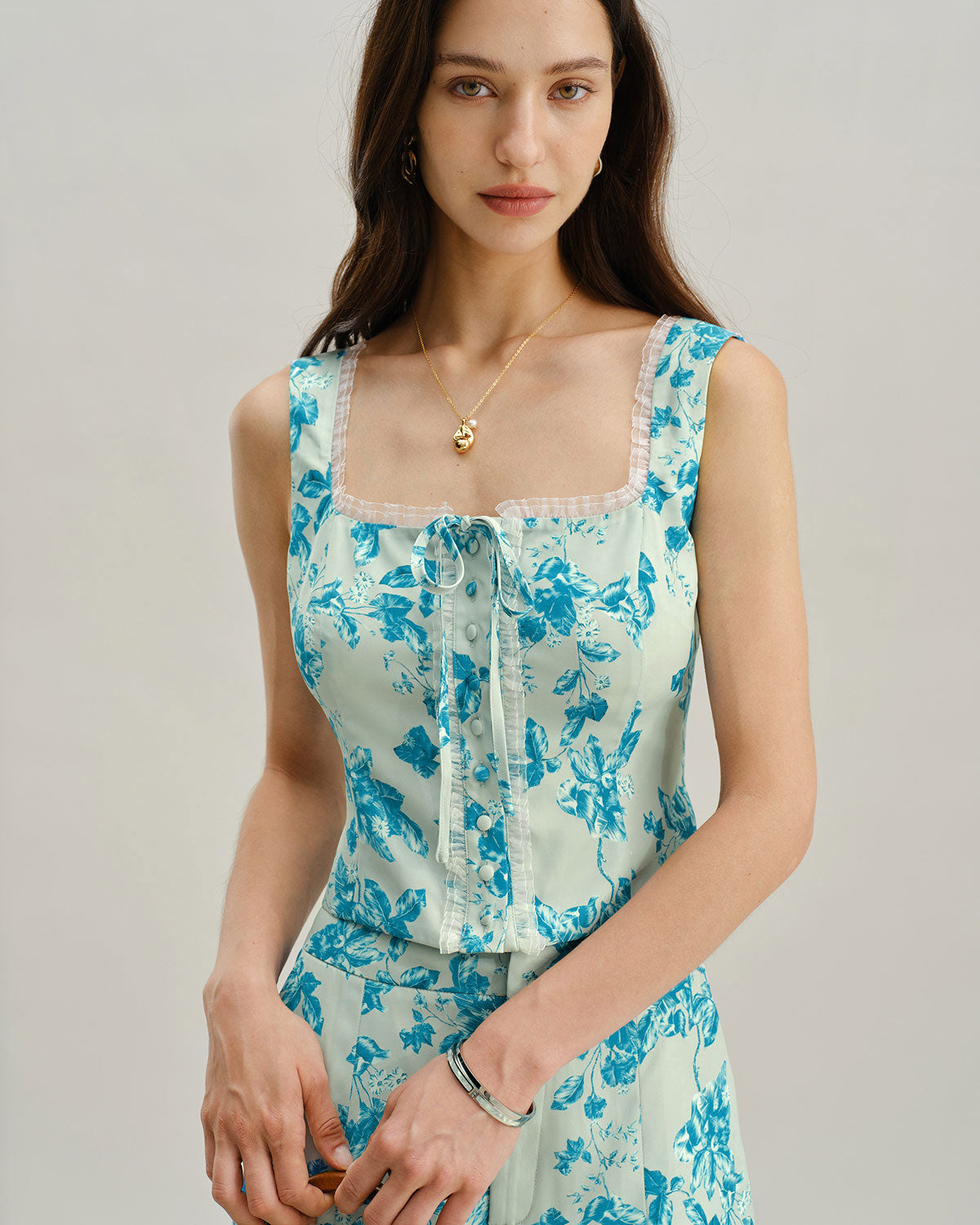 Blue Floral Square Tank Top
