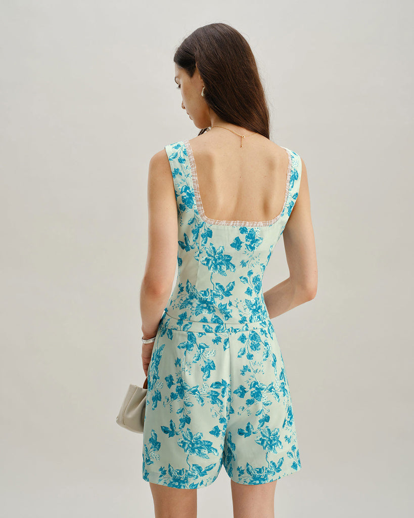 Blue Floral Square Tank Top