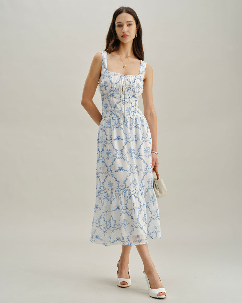 White Floral Tiered Midi Skirt