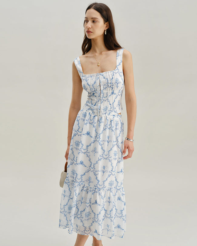 White Floral Ruched Tank Top