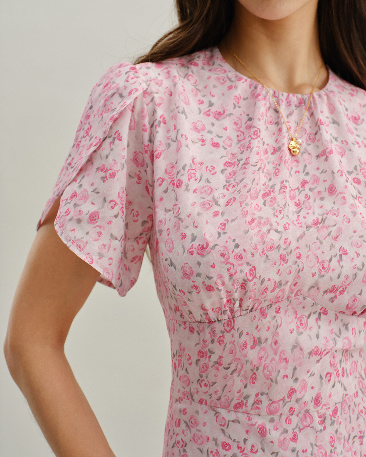 Pink Floral Round Neck Pleated Mini Dress