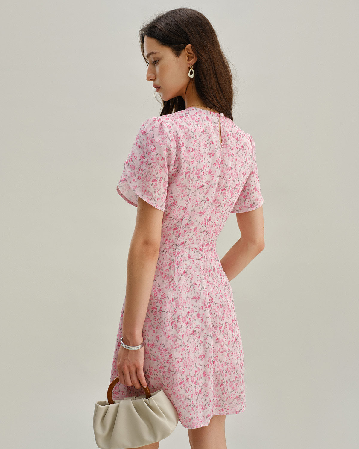 Pink Floral Round Neck Pleated Mini Dress