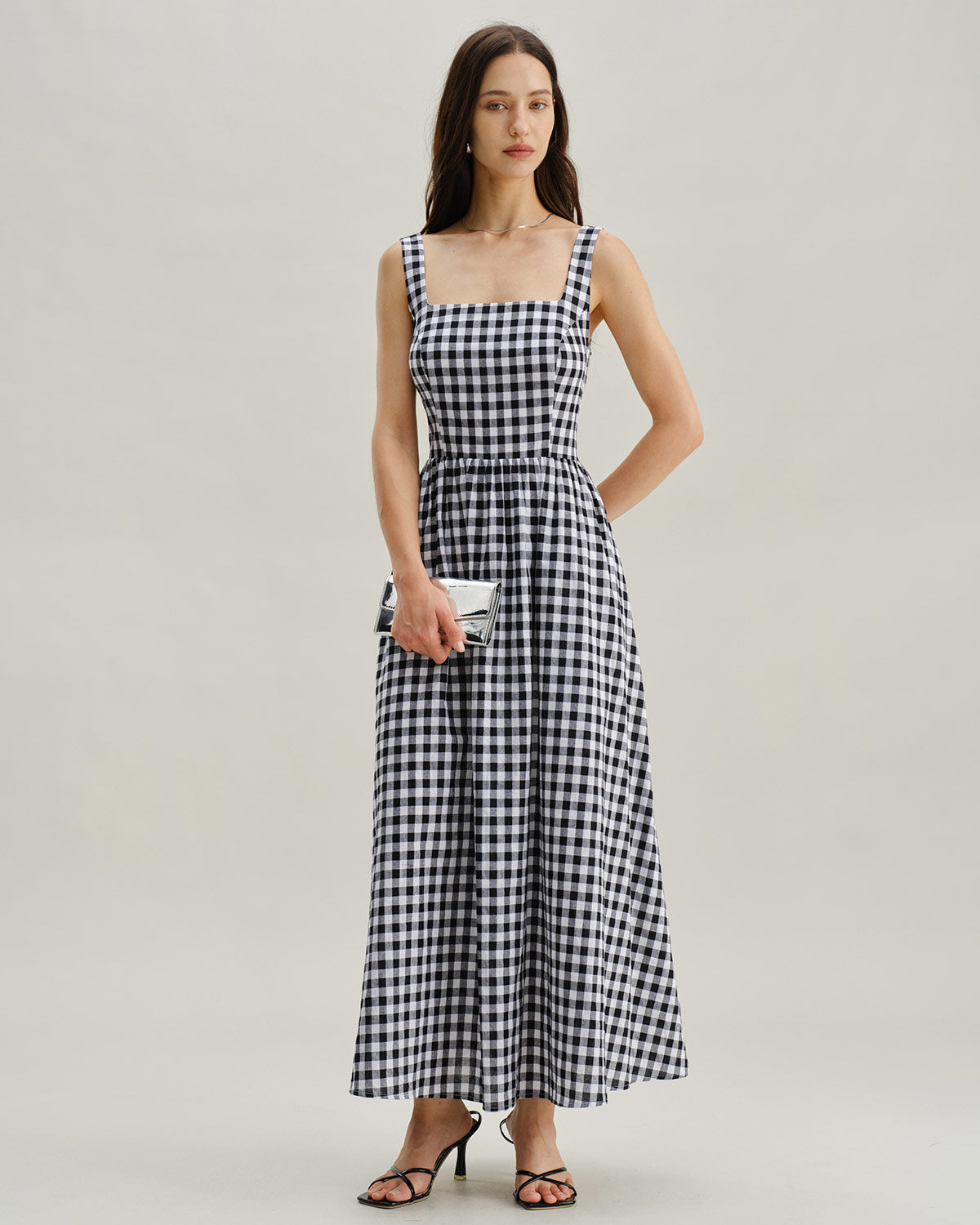 Black Plaid Square Neck Slip Maxi Dress