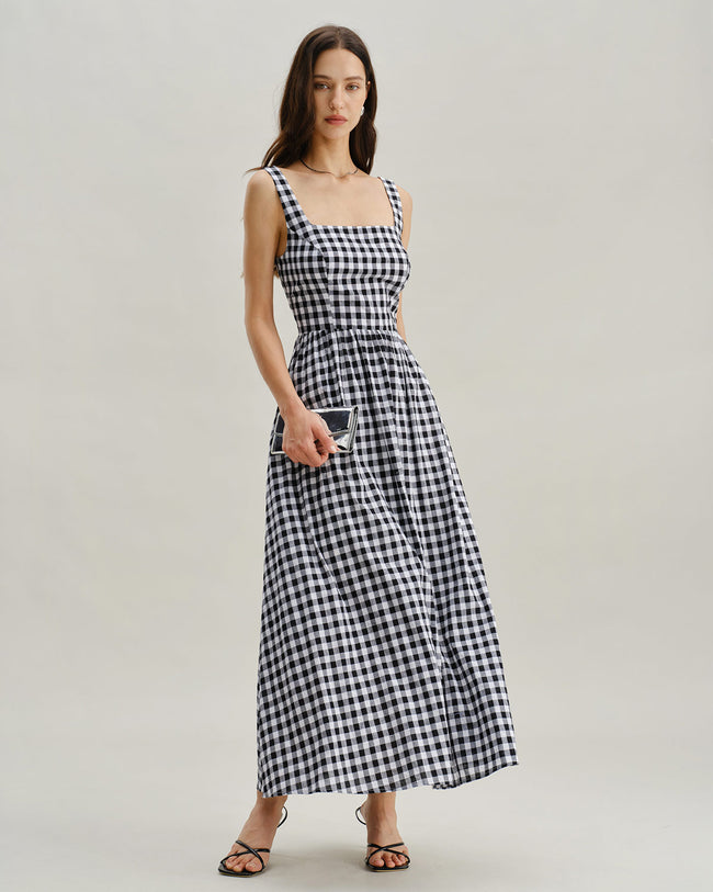 Black Plaid Square Neck Slip Maxi Dress
