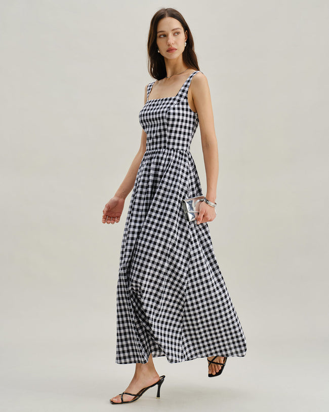 Black Plaid Square Neck Slip Maxi Dress