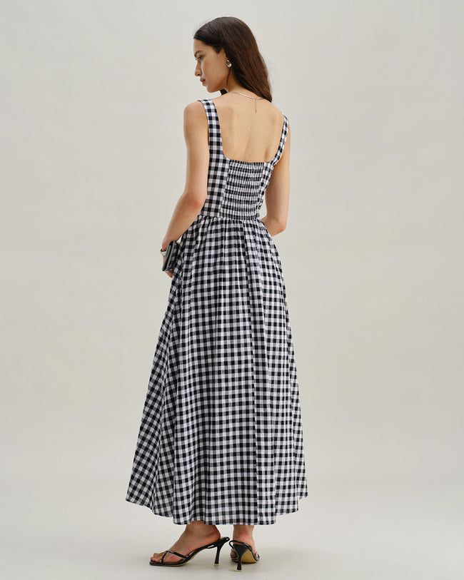 Black Plaid Square Neck Slip Maxi Dress