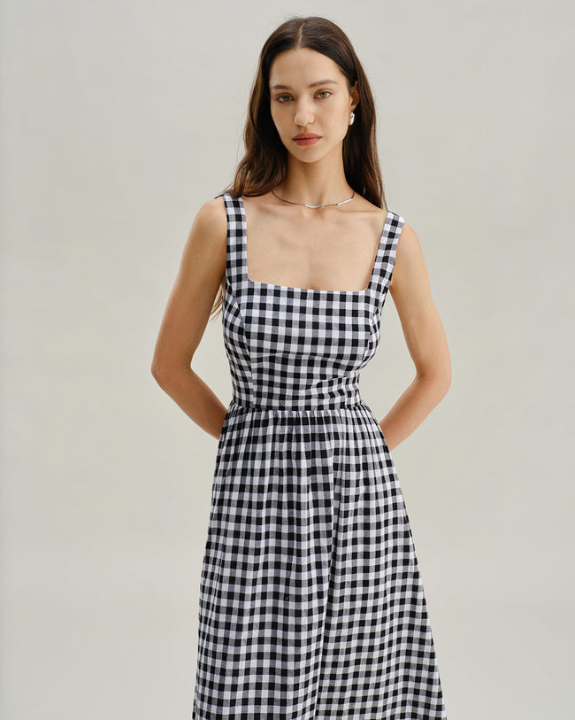Black Plaid Square Neck Slip Maxi Dress