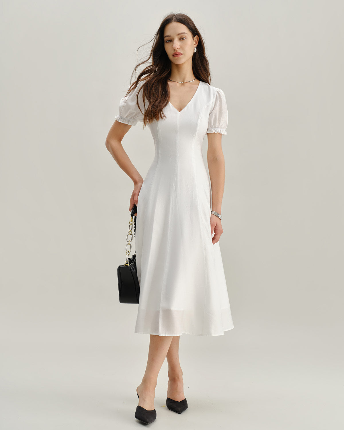 White Puffed Sleeve V Neck Midi Dress & Reviews - White - Dresses | RIHOAS White Puffed Sleeve V Neck Midi Dress & Reviews - White - Dresses | RIHOAS
