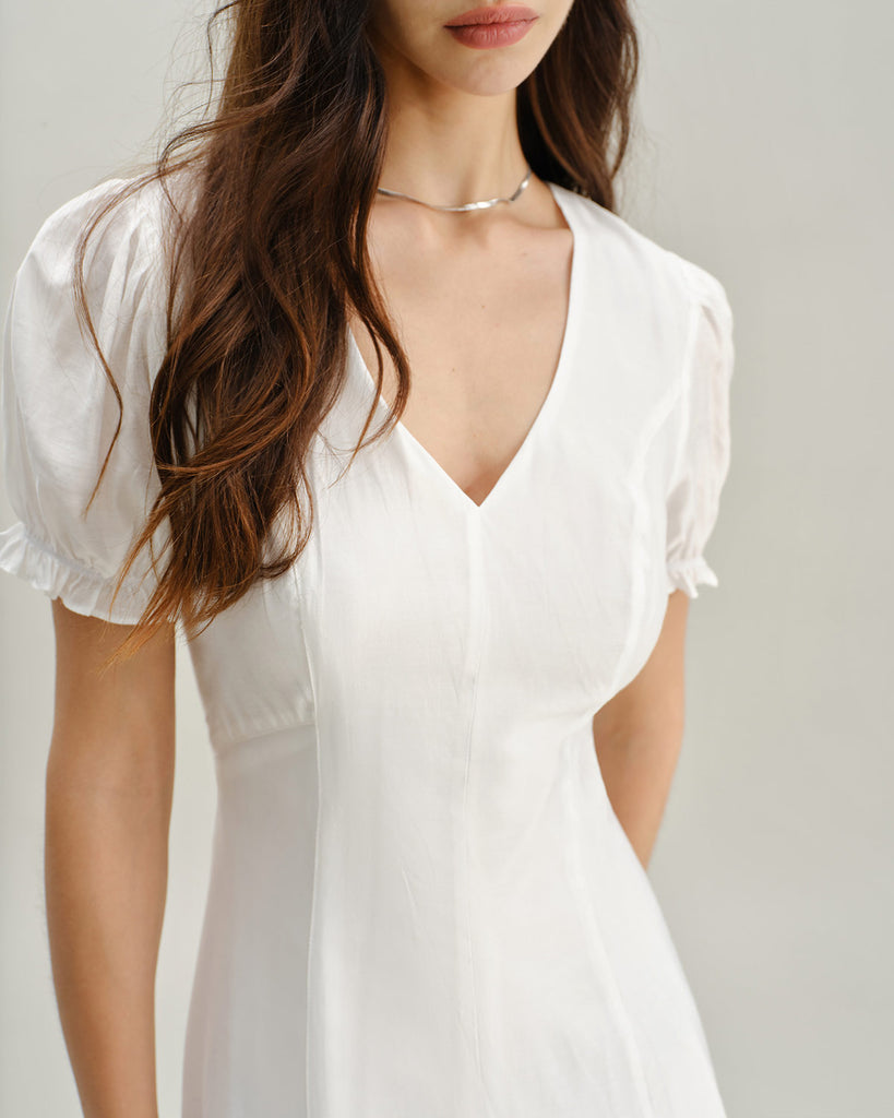 White Puffed Sleeve V Neck Midi Dress