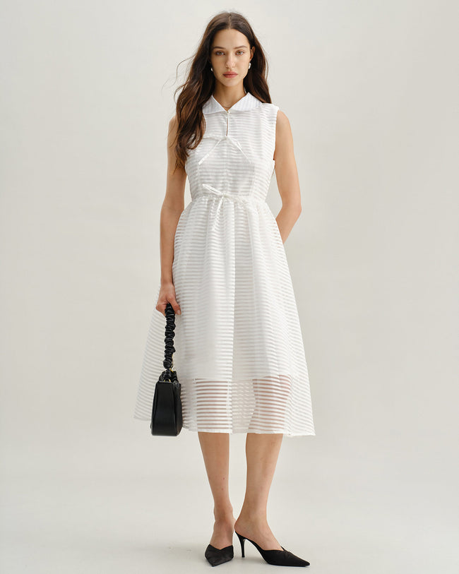 White Striped Sleeveless Midi Dress
