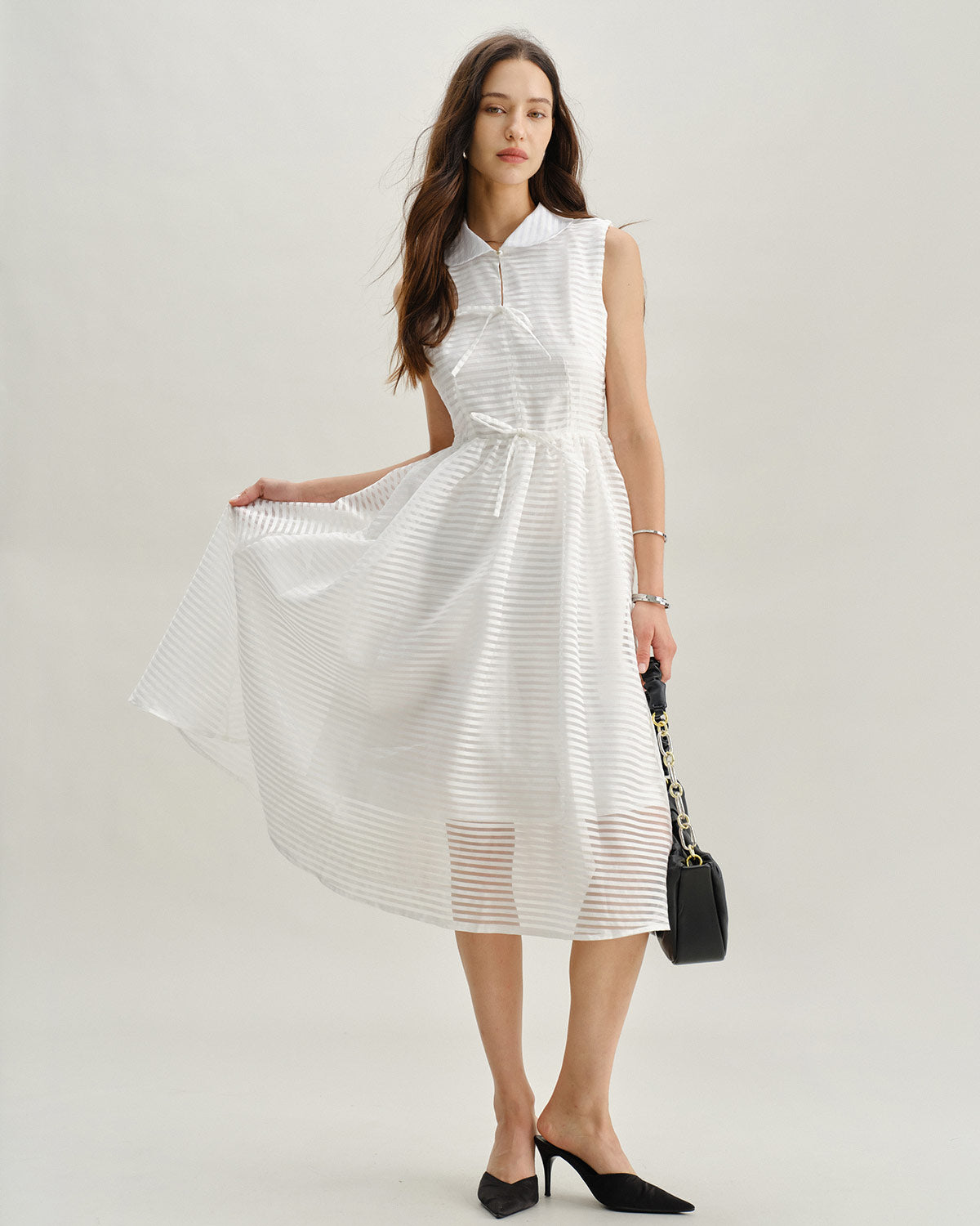 White Striped Sleeveless Midi Dress