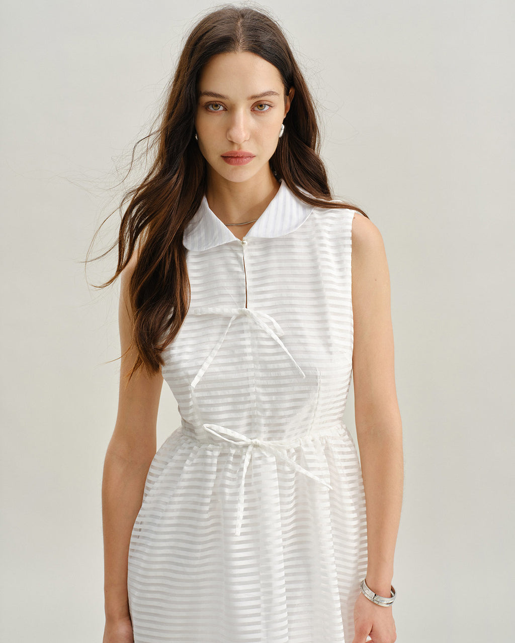 White Striped Sleeveless Midi Dress