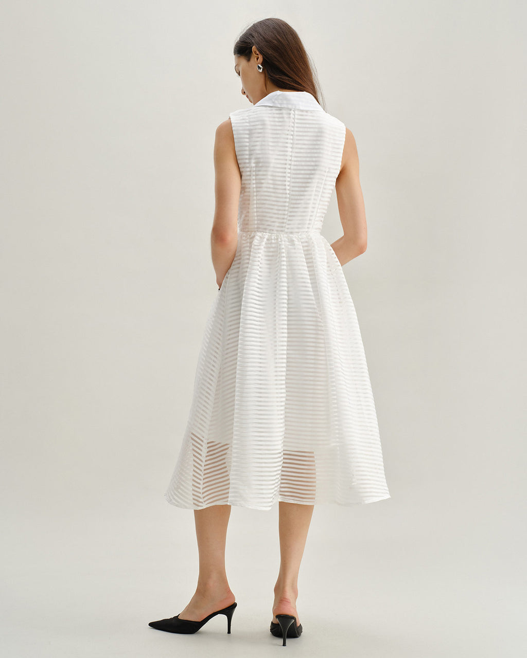 White Striped Sleeveless Midi Dress