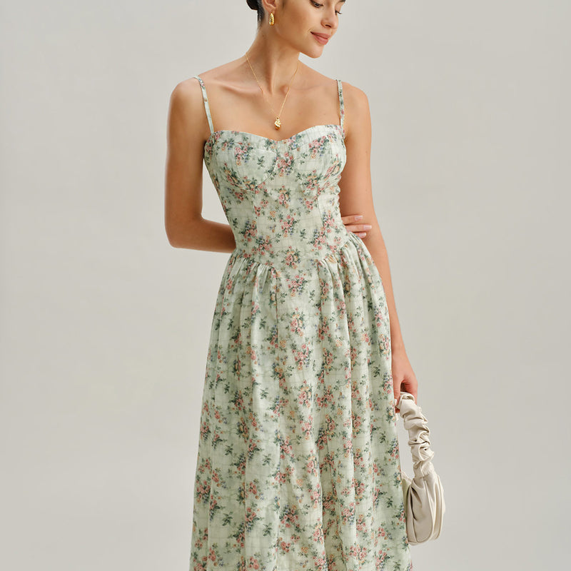 Green floral sweetheart pleated midi dress for summer garden party outfits