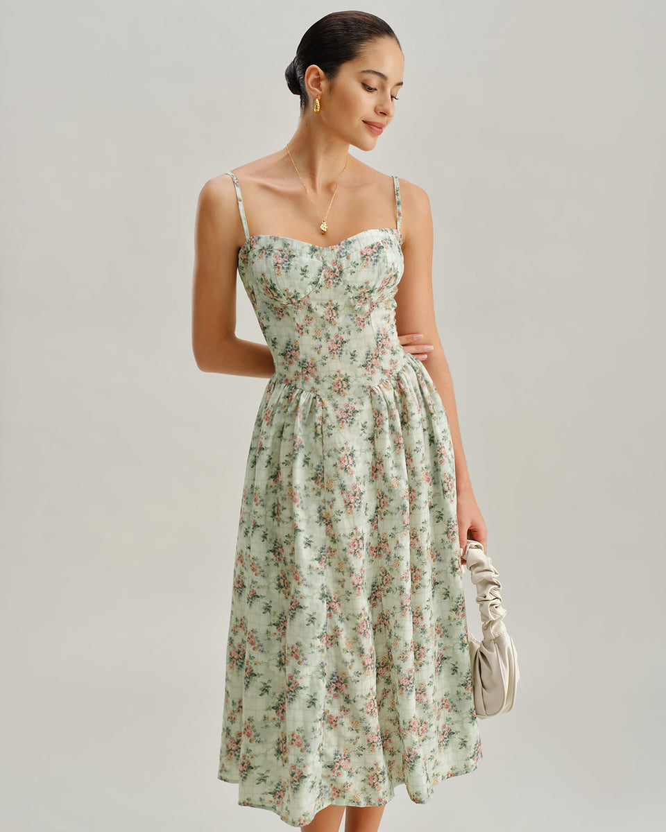 Green floral sweetheart pleated A-line midi dress for wedding guest outfits