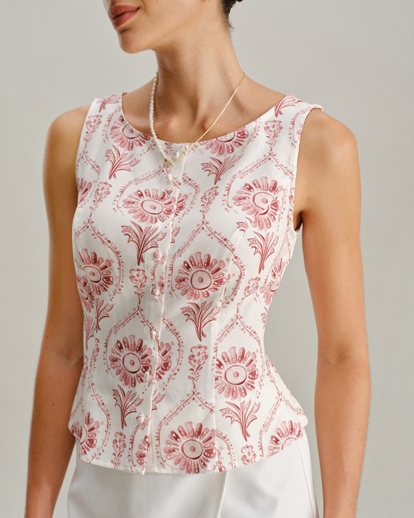 Pink Floral Round Neck Vest