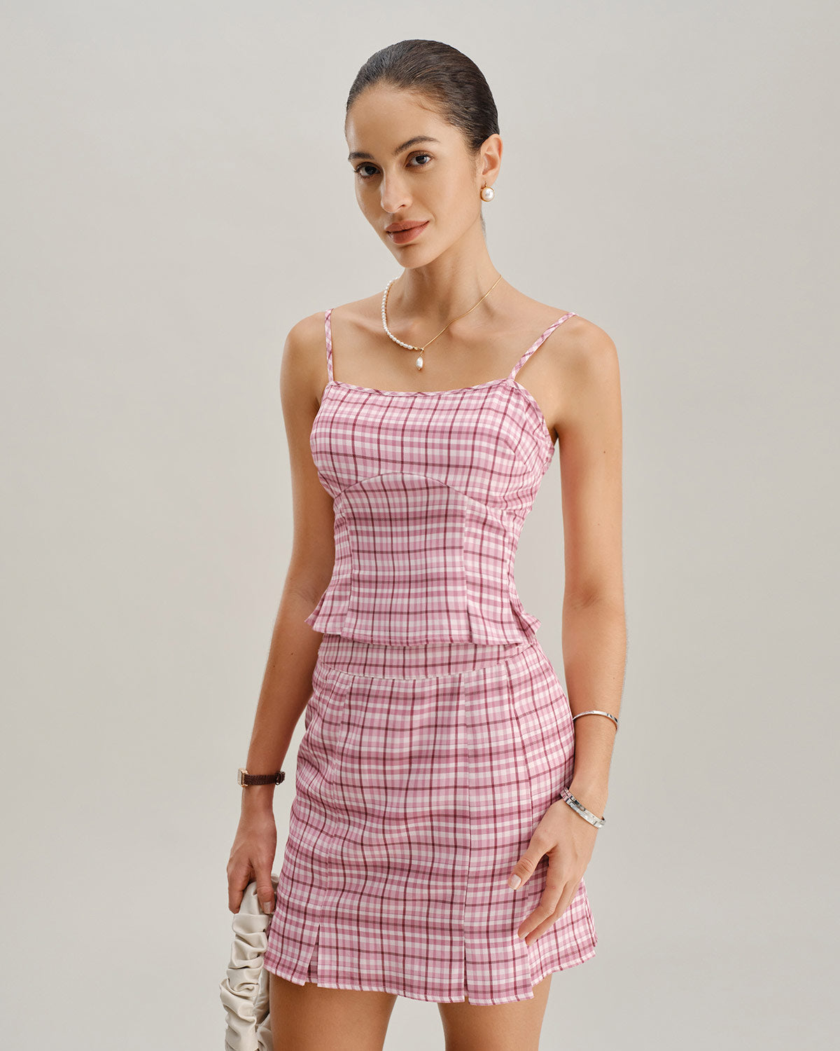 Pink Plaid Straight Mini Skirt