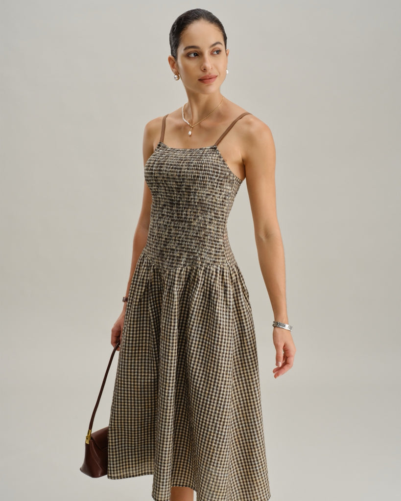 Brown Plaid Shirred Slip Midi Dress
