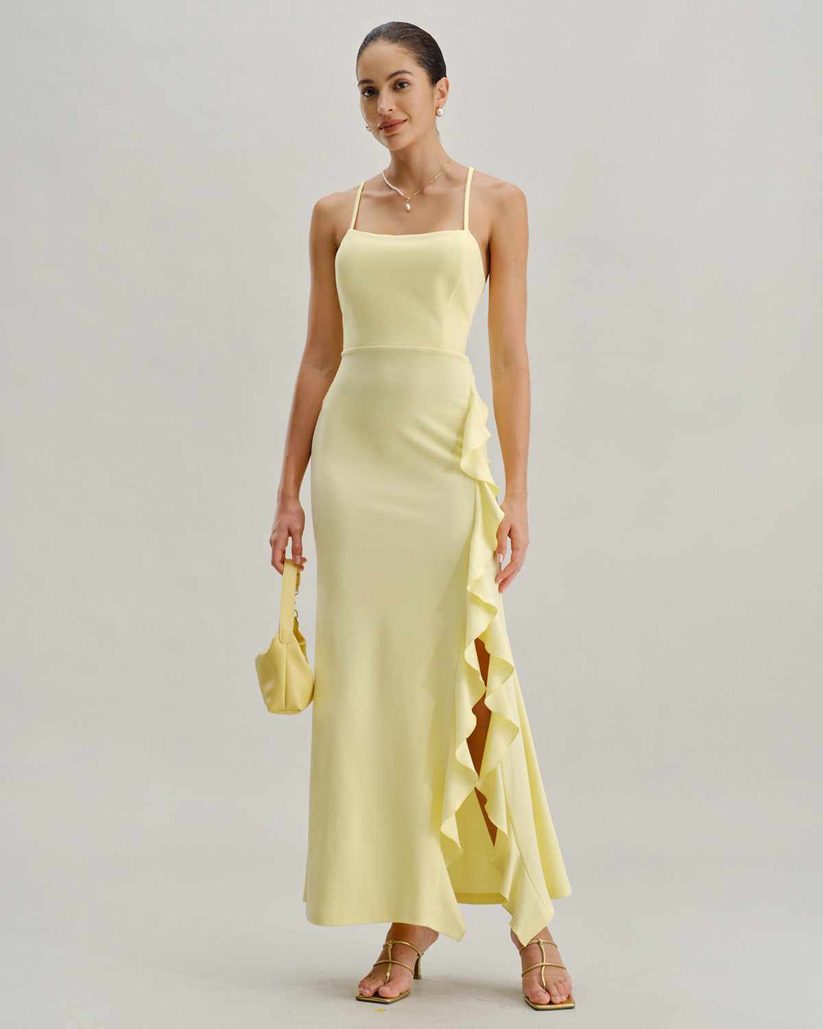 Yellow Ruffle Backless Slit Slip Maxi Dress