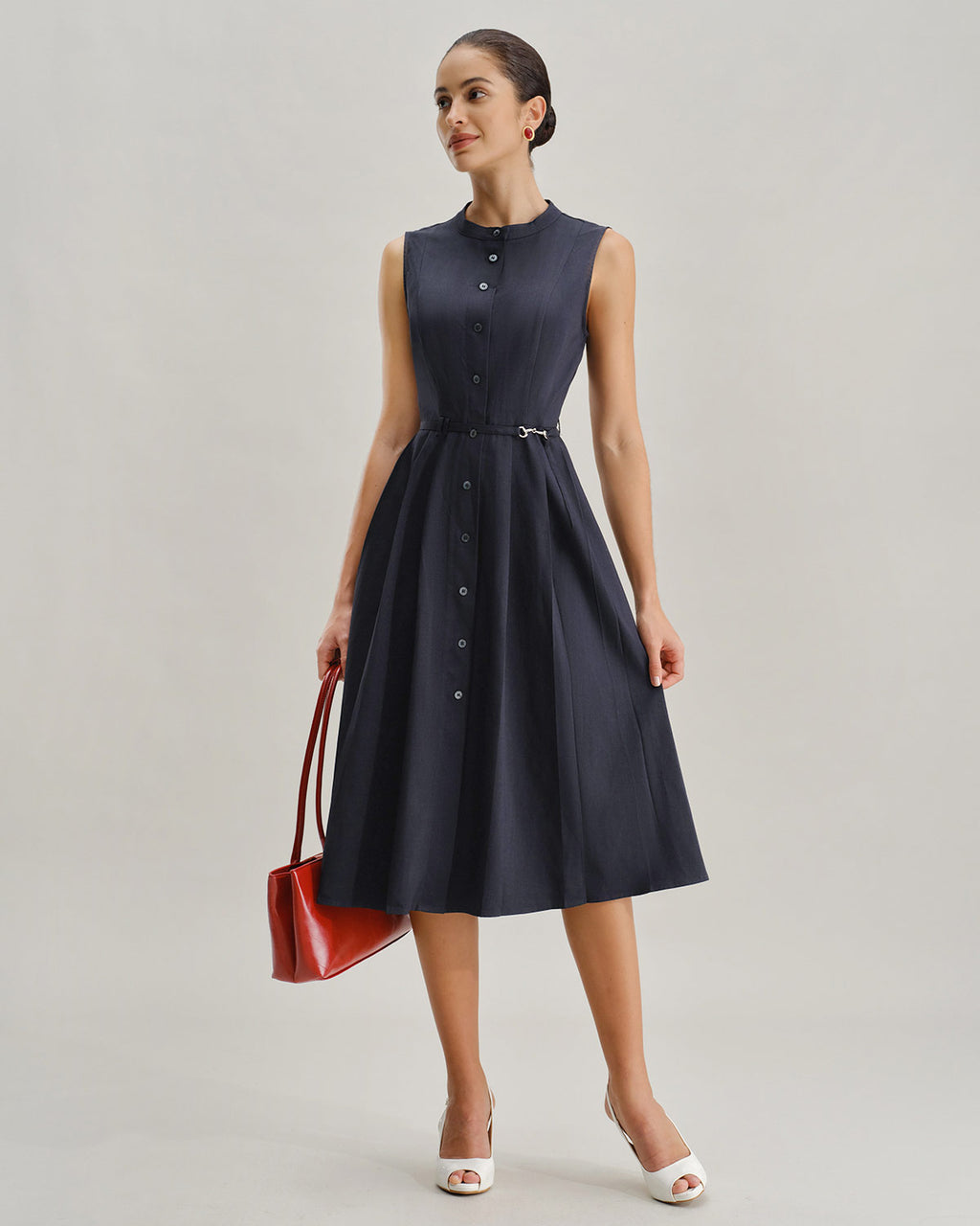 Navy Mock Neck High Waist Midi Dress