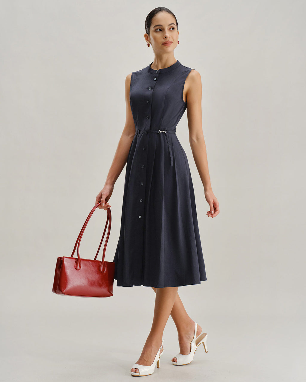 Navy Mock Neck High Waist Midi Dress