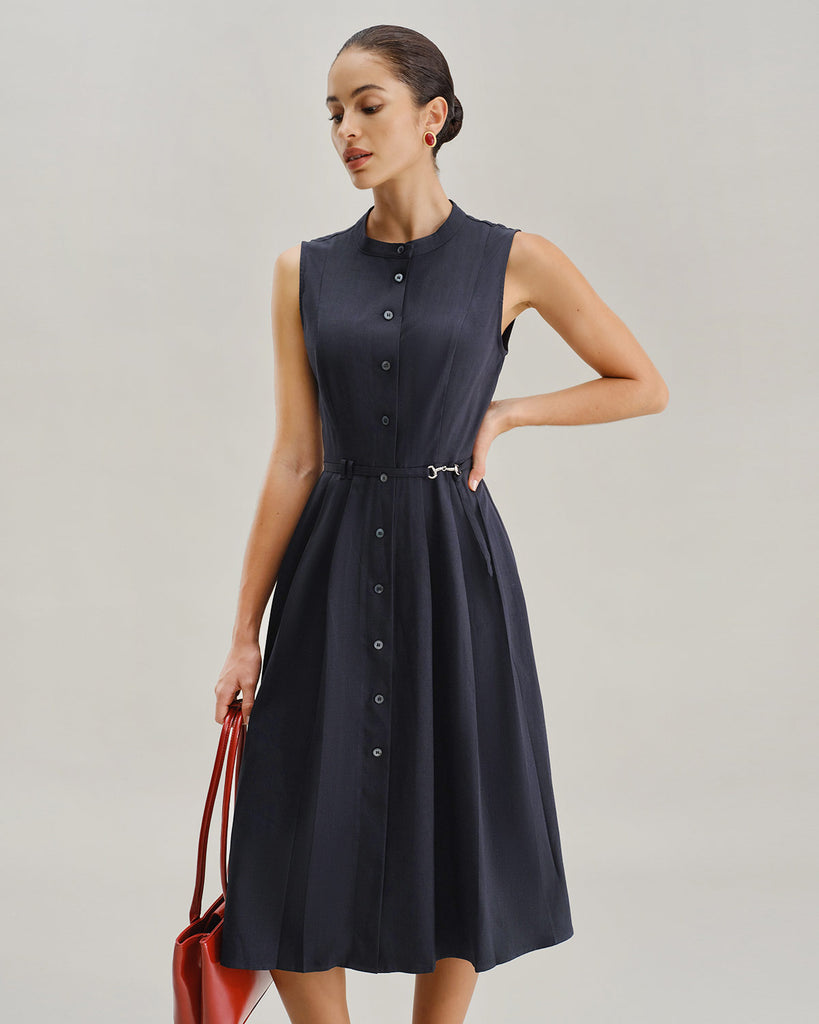 Navy Mock Neck High Waist Midi Dress