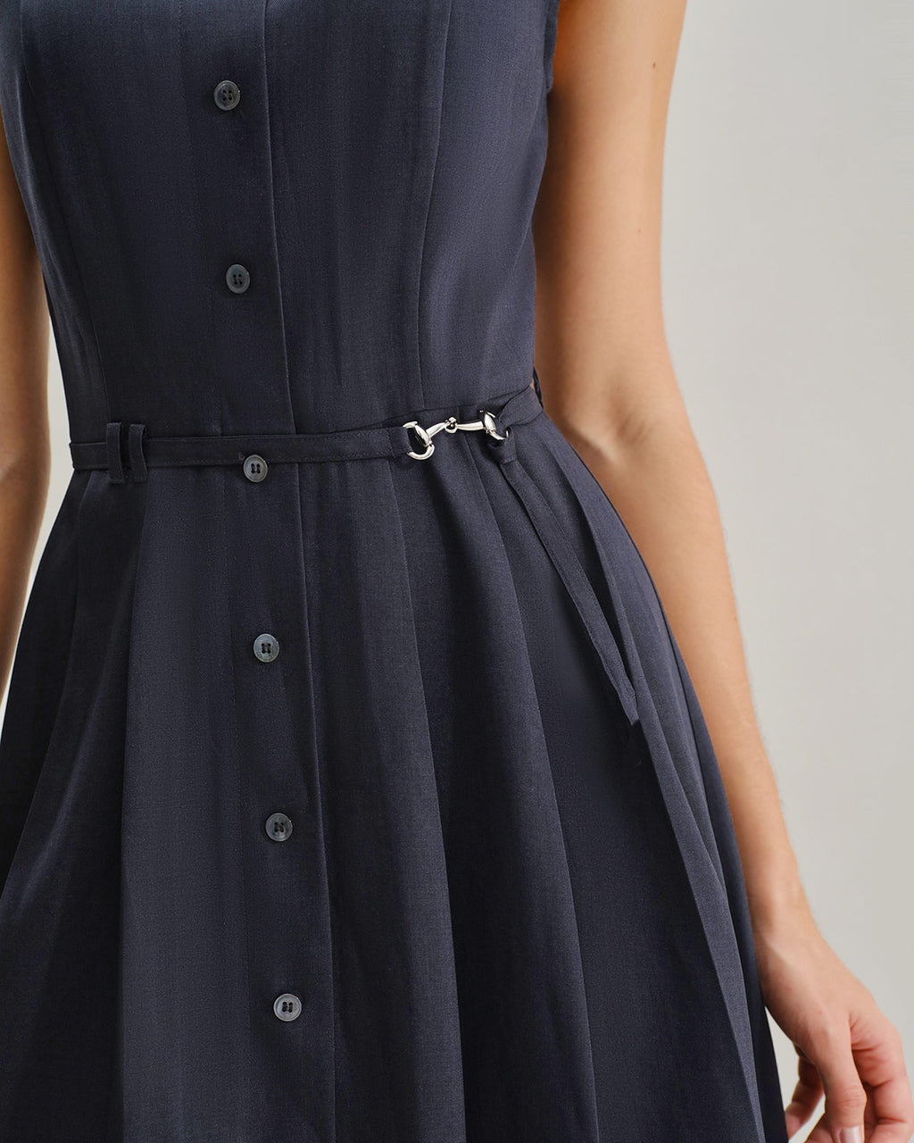 Navy Mock Neck High Waist Midi Dress