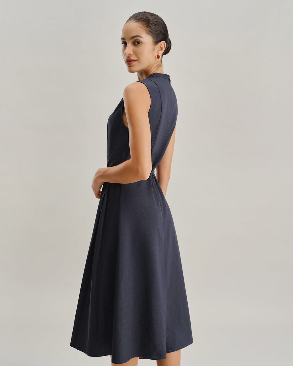 Navy Mock Neck High Waist Midi Dress