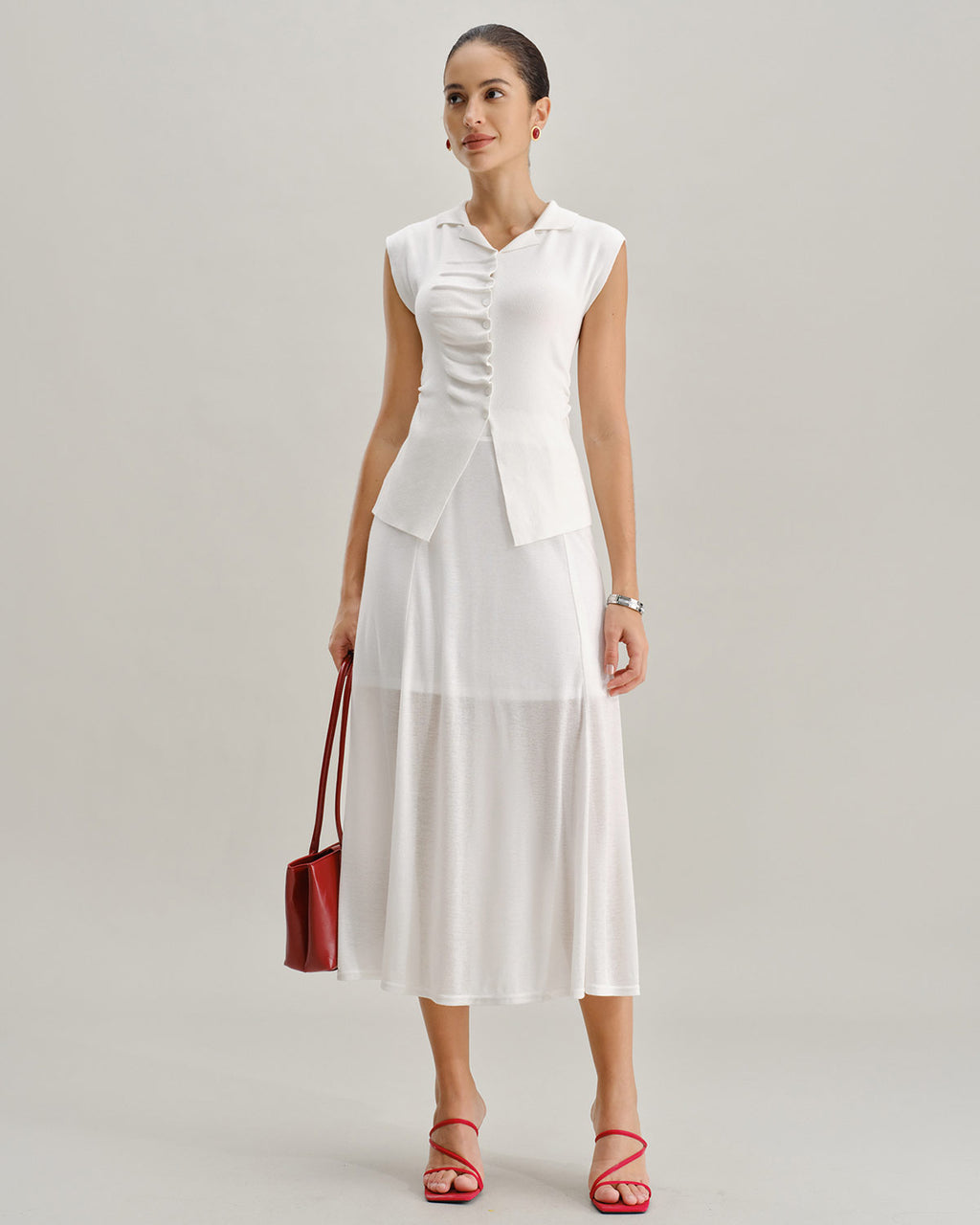White Elastic Waist Straight Midi Skirt